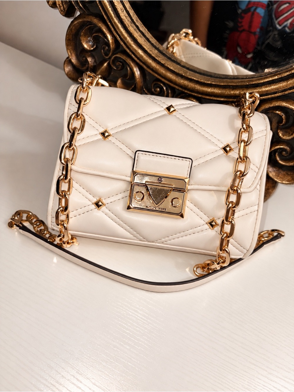 Michael Kors Cream Quilted Crossbody with Gold Chain